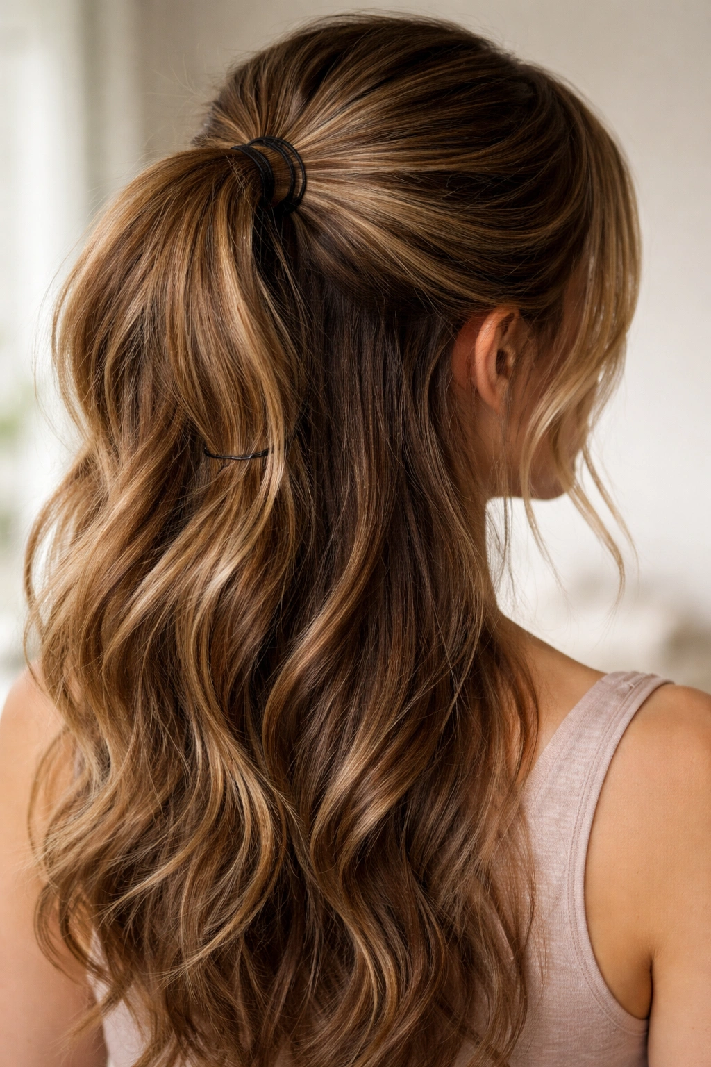 Thick hair half up ponytail with double elastics and crossed bobby pins