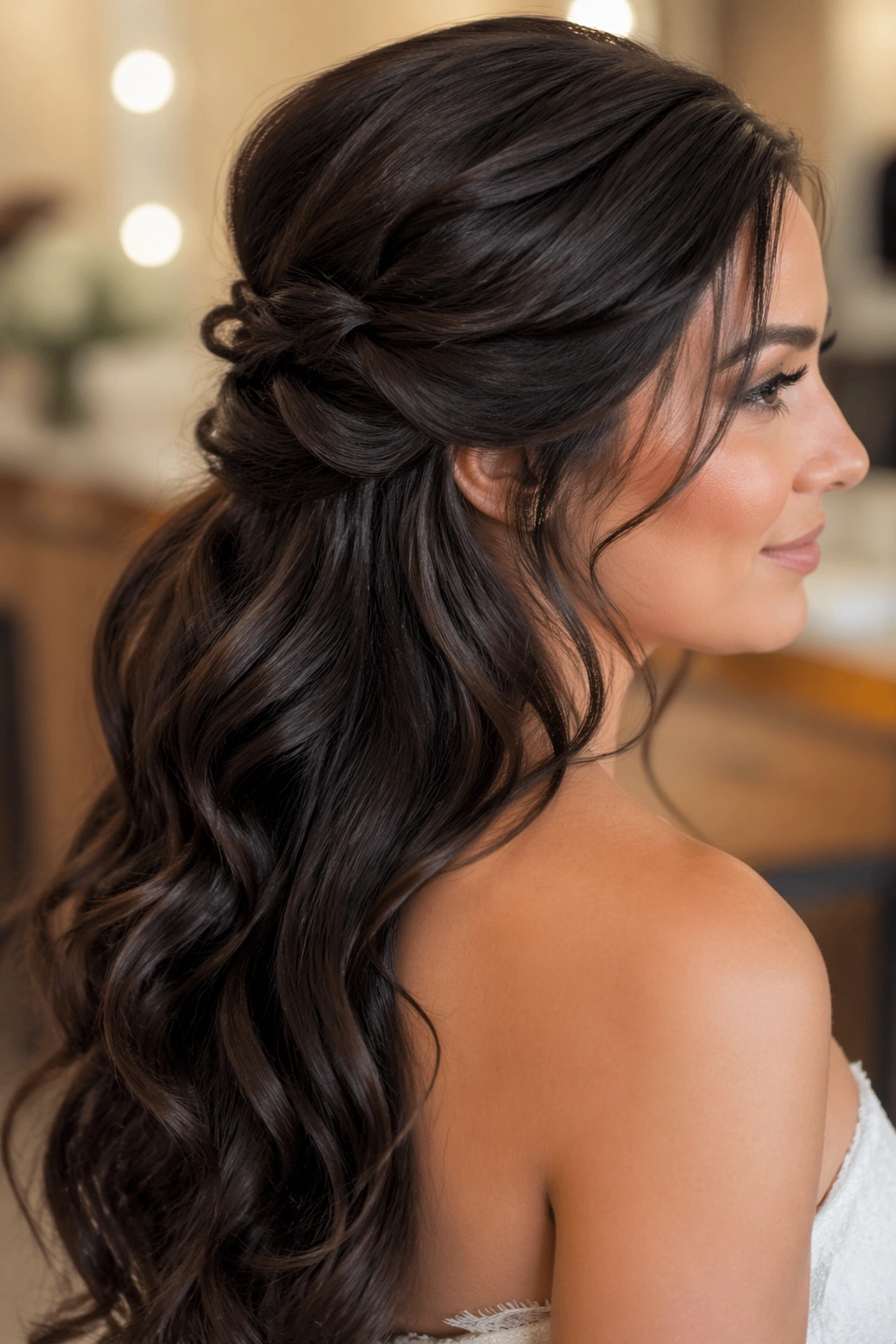 Portrait of a woman with thick hair in a controlled half-up.