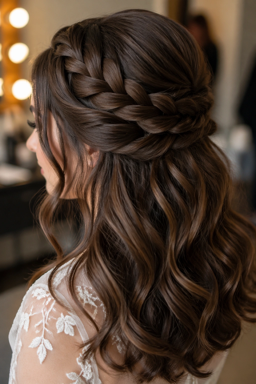 Close-up of thick layered hair half-up with twist or braid