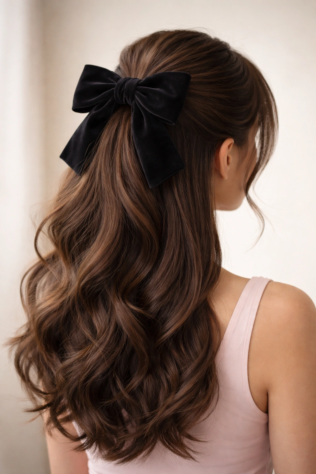 Thick hair half-up ponytail with a large, sturdy bow on top
