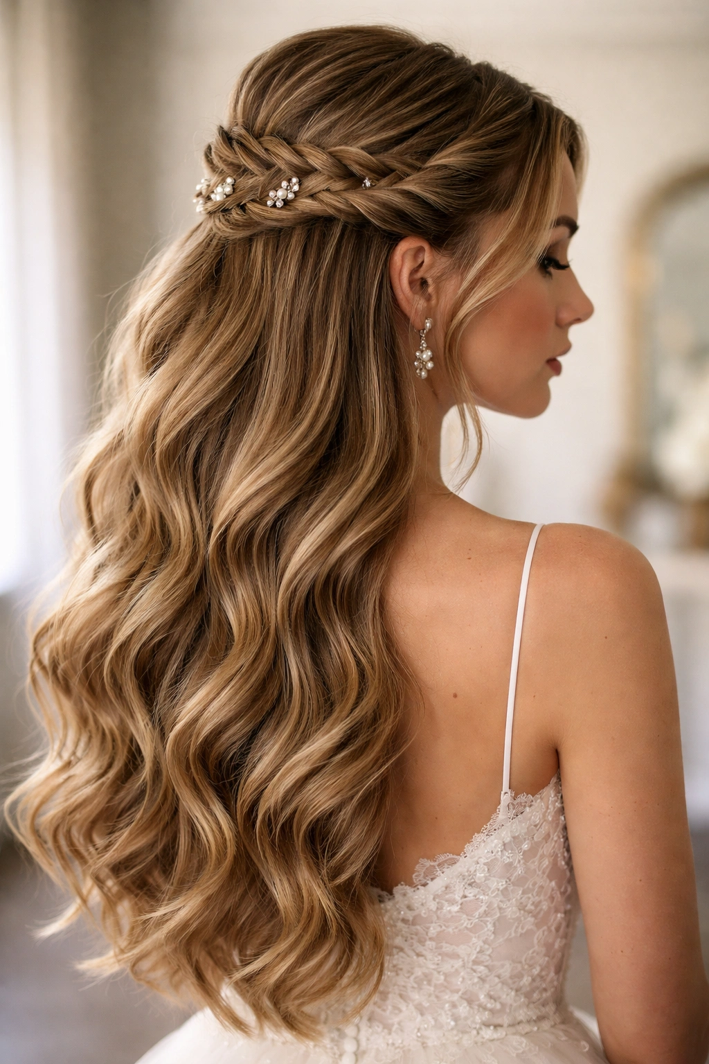 Close-up of a thick hair half-up with a braided crown and large waves.