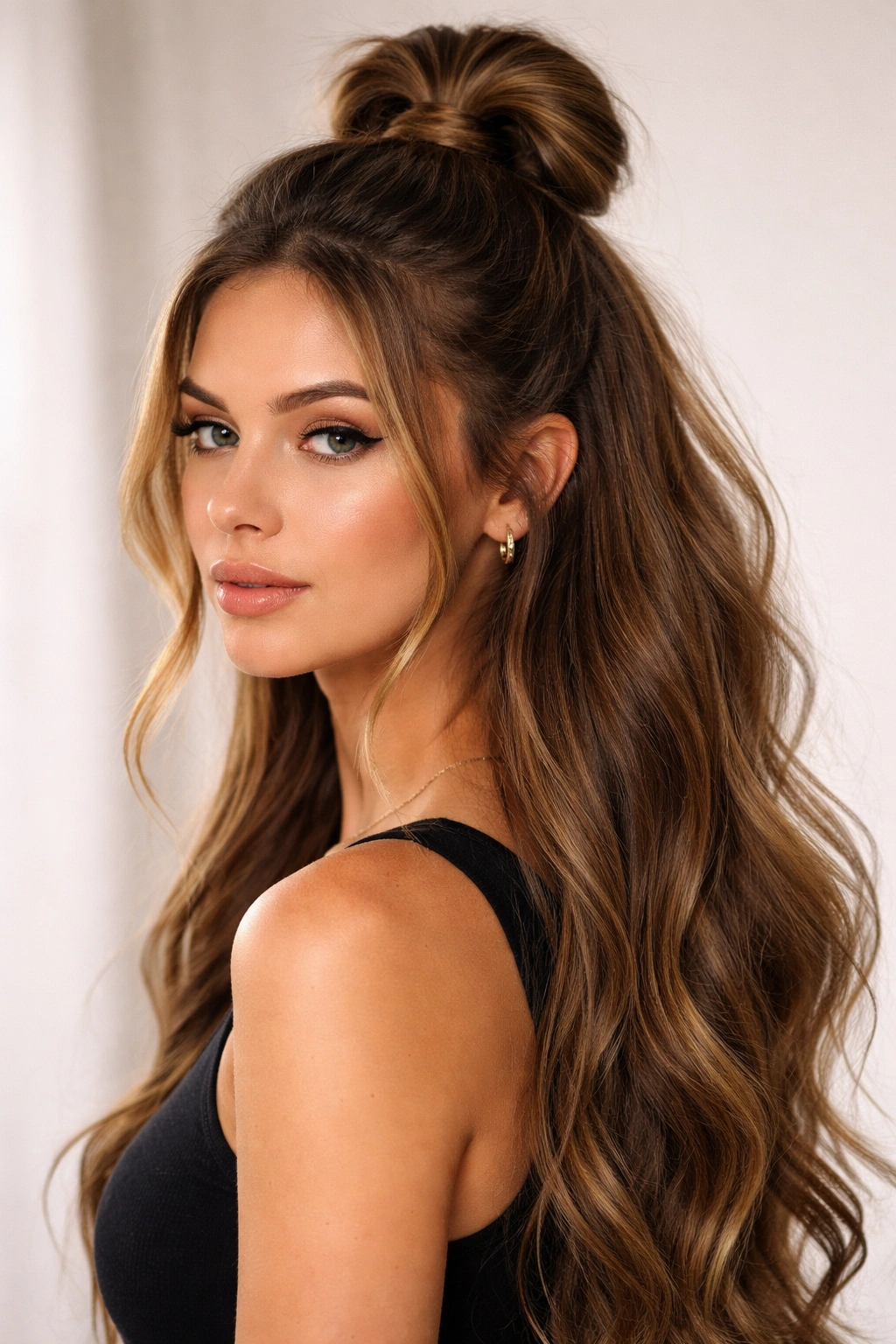 Close-up of thick hair styled into a half-up top knot pony