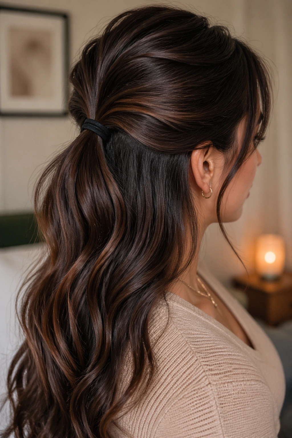 Woman with thick hair in a two-section top half-up ponytail secured with a strong elastic.