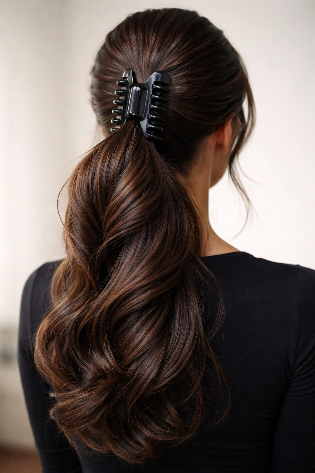 Back view of thick ponytail secured by a heavy-duty claw clip