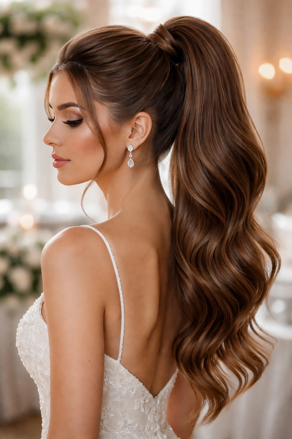 Close-up of a real bride with thick hair styled into a high ponytail