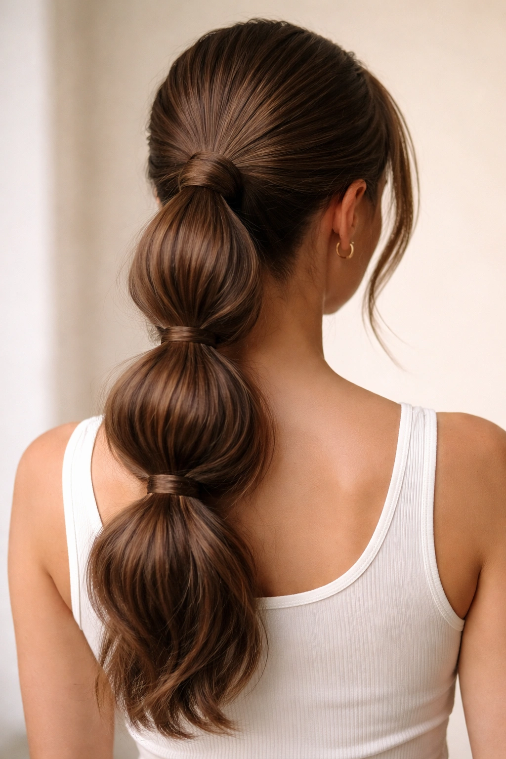 Thick hair in a jumbo low bubble braid ponytail with large bubbles