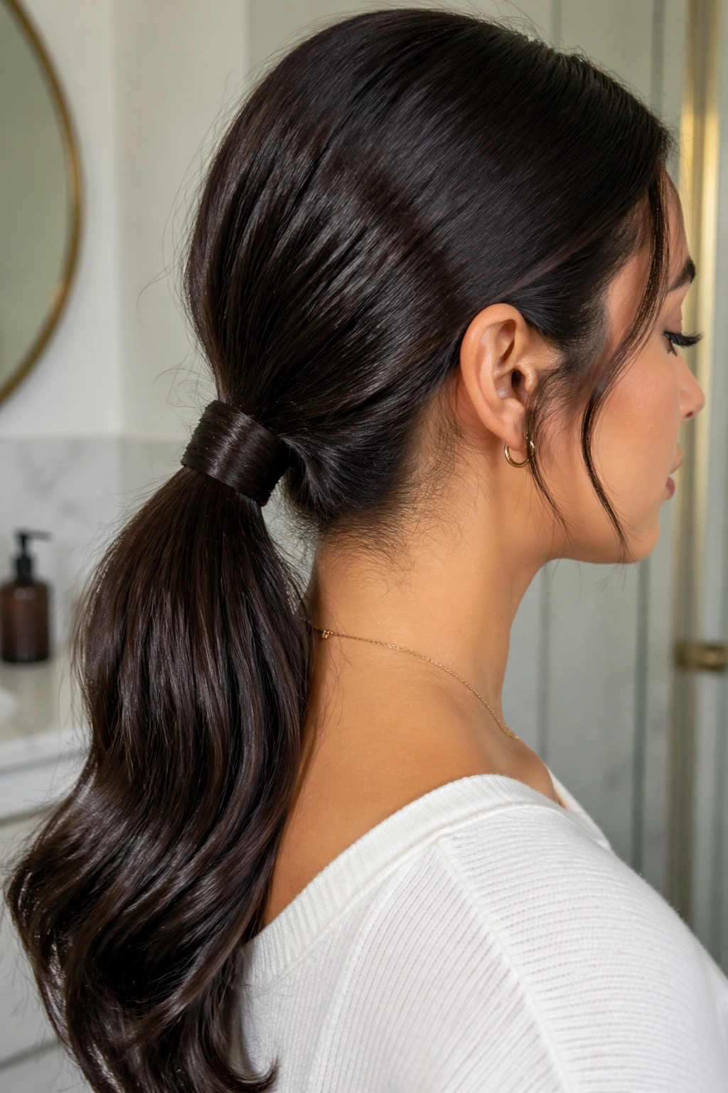 Close-up portrait of a real person with thick hair in a low ponytail with a clean wrap at the base