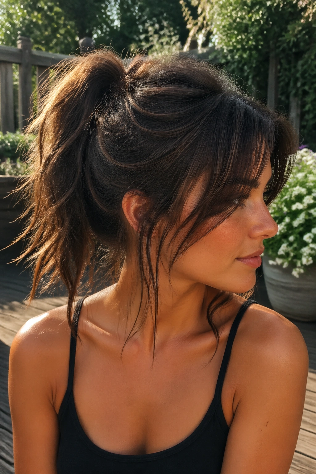 Real woman with a thick, messy ponytail and long bangs in natural sunlight.