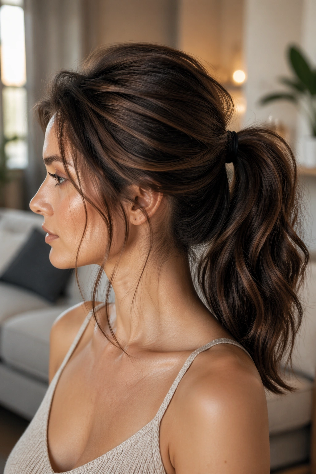 Close-up portrait of a real woman with thick hair mid ponytail showing lifted crown