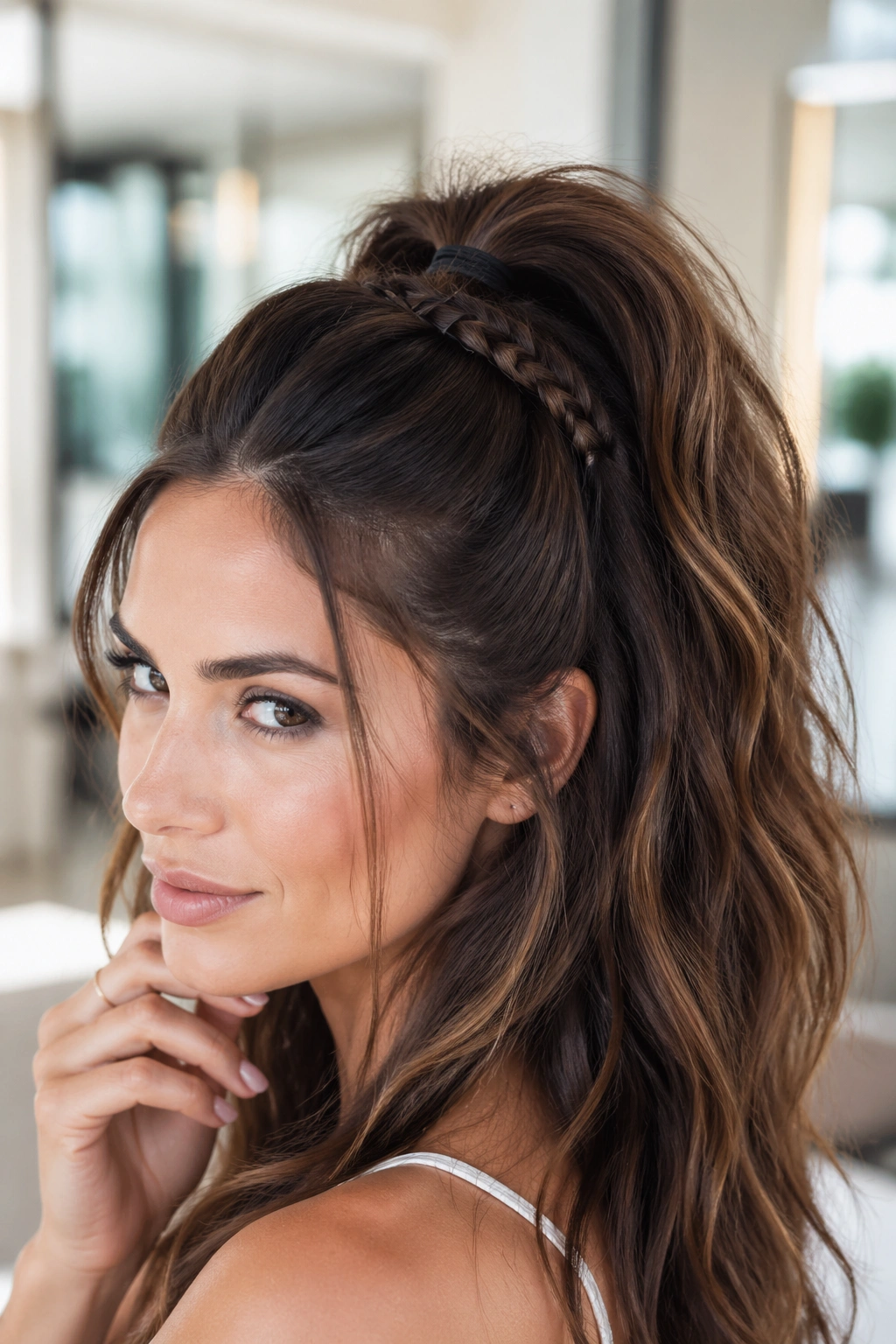 Real woman with thick hair in a half-up ponytail showing secure base and compression.