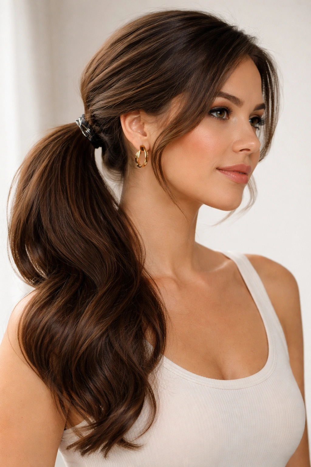 Thick hair side ponytail anchored by strong elastic and crossed pins.
