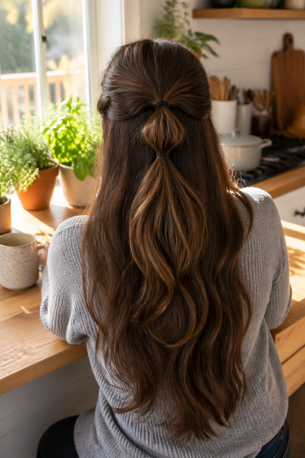 Thick hair sectioned half-up ponytail from back view.