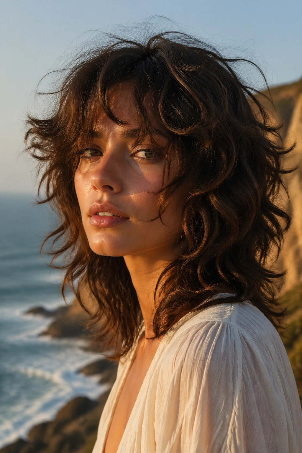 Close-up portrait of a real person with thick-wavy shag hairstyle on windy ocean overlook.
