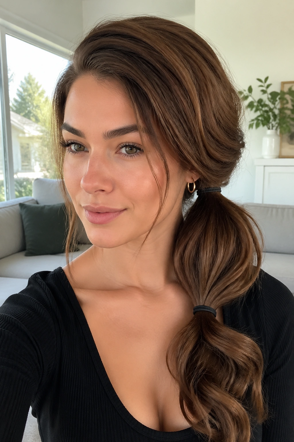 Real person with thick hair styled into a side ponytail with second elastic