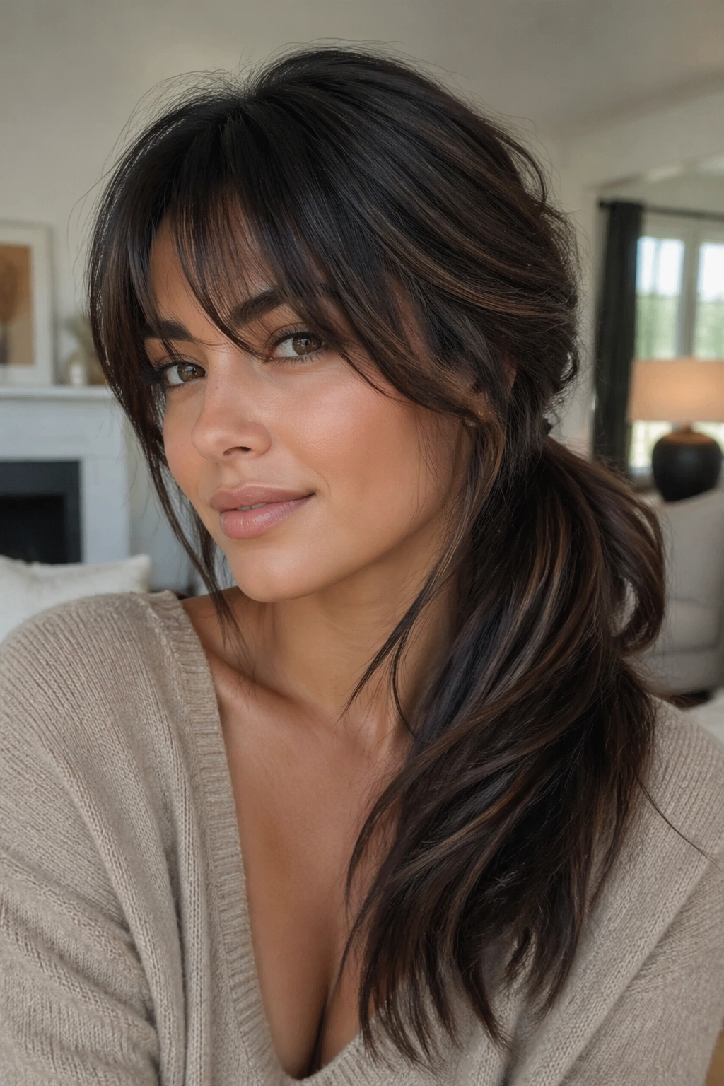 Close-up of a real person with thick hair in a side ponytail and layered bangs