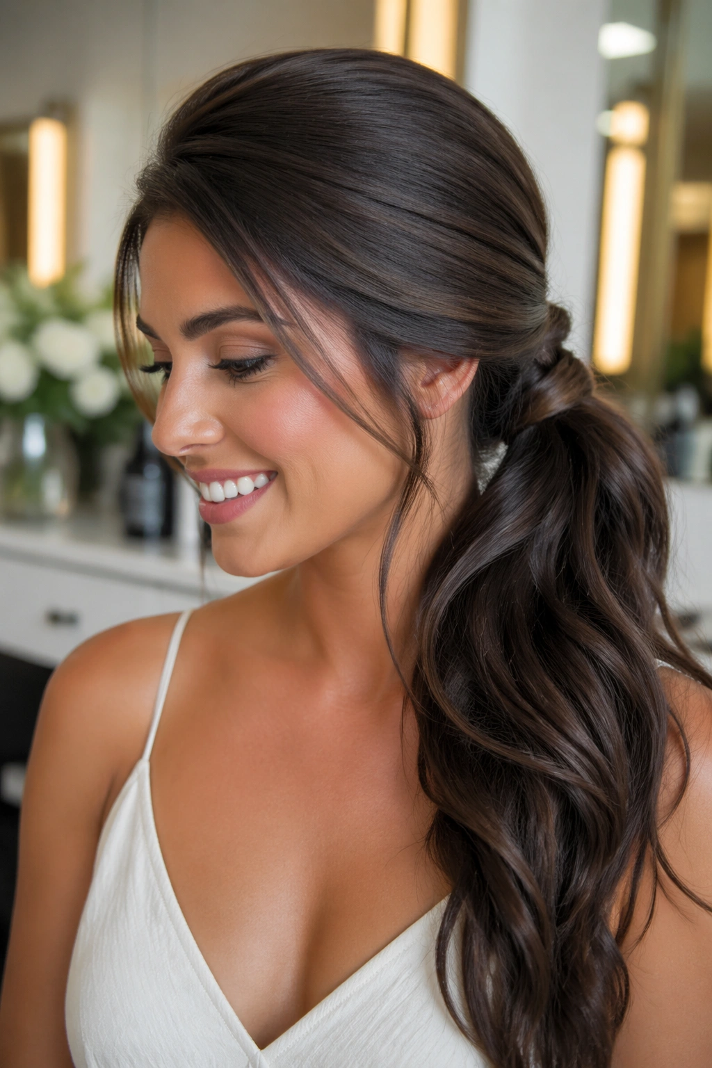 Real woman with thick, lush side ponytail in a salon setting