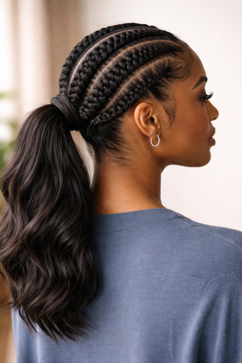 Thick medium hair styled with wider stitch sections and a mid-height ponytail