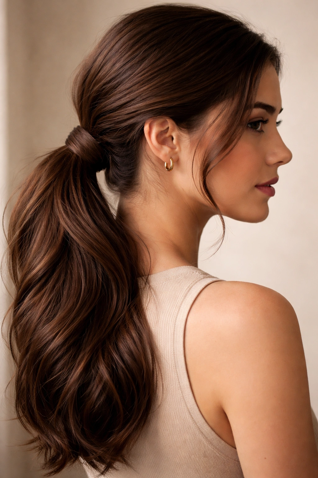 Side profile of thick hair in a wrapped side pony