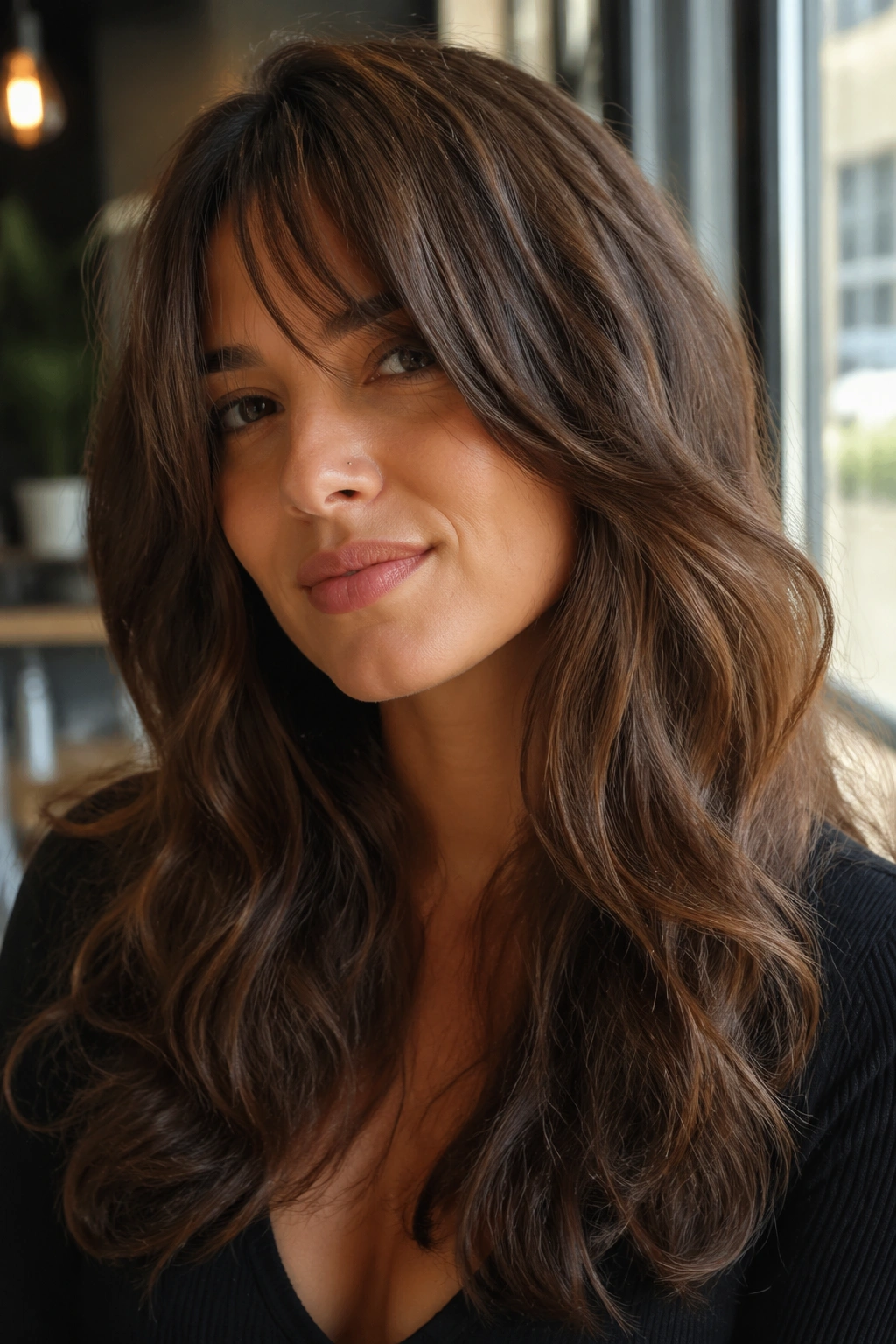 Portrait of a real person with thick layered waves and long bangs in sunlit cafe