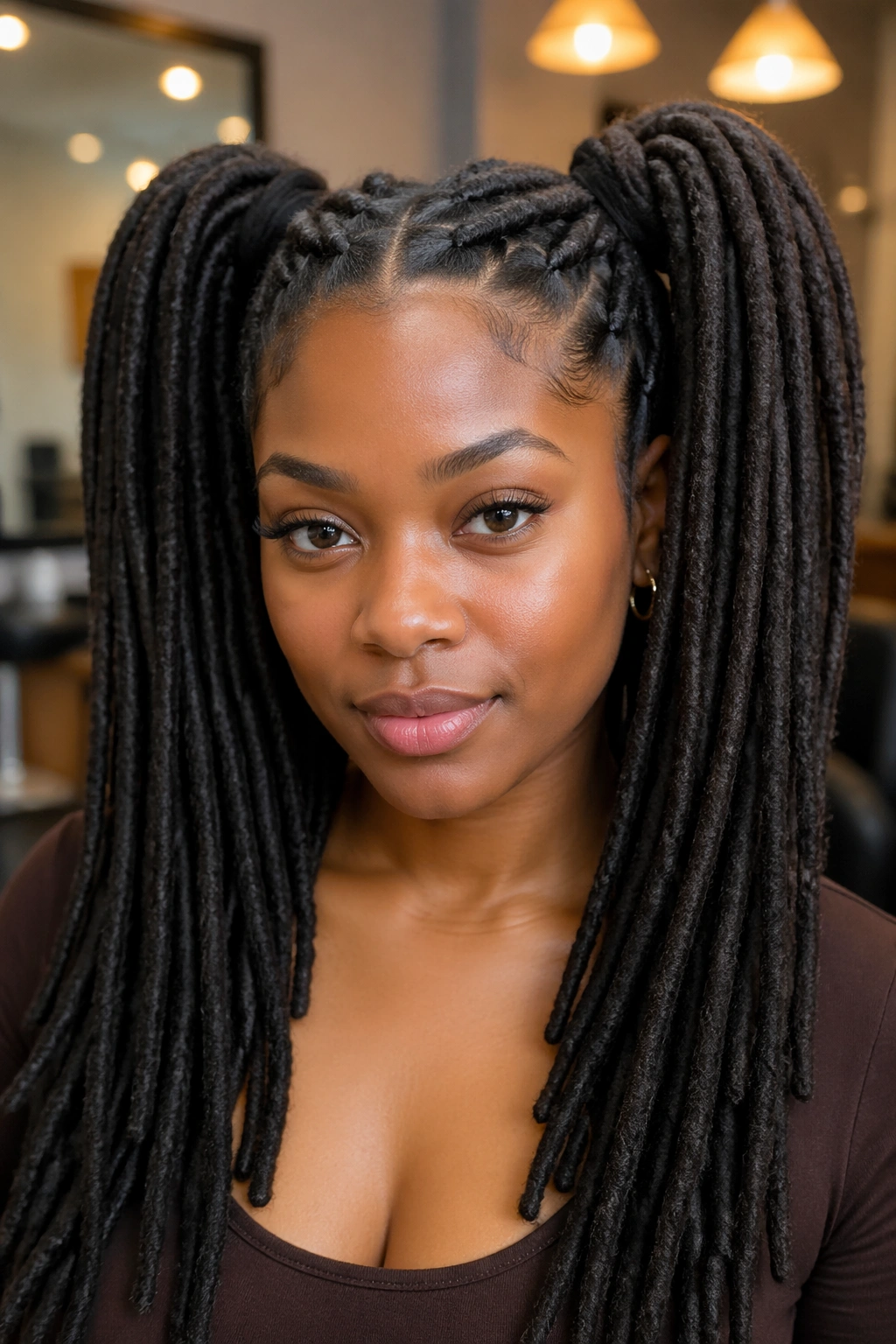 Close-up of thick locs styled into double ponytails