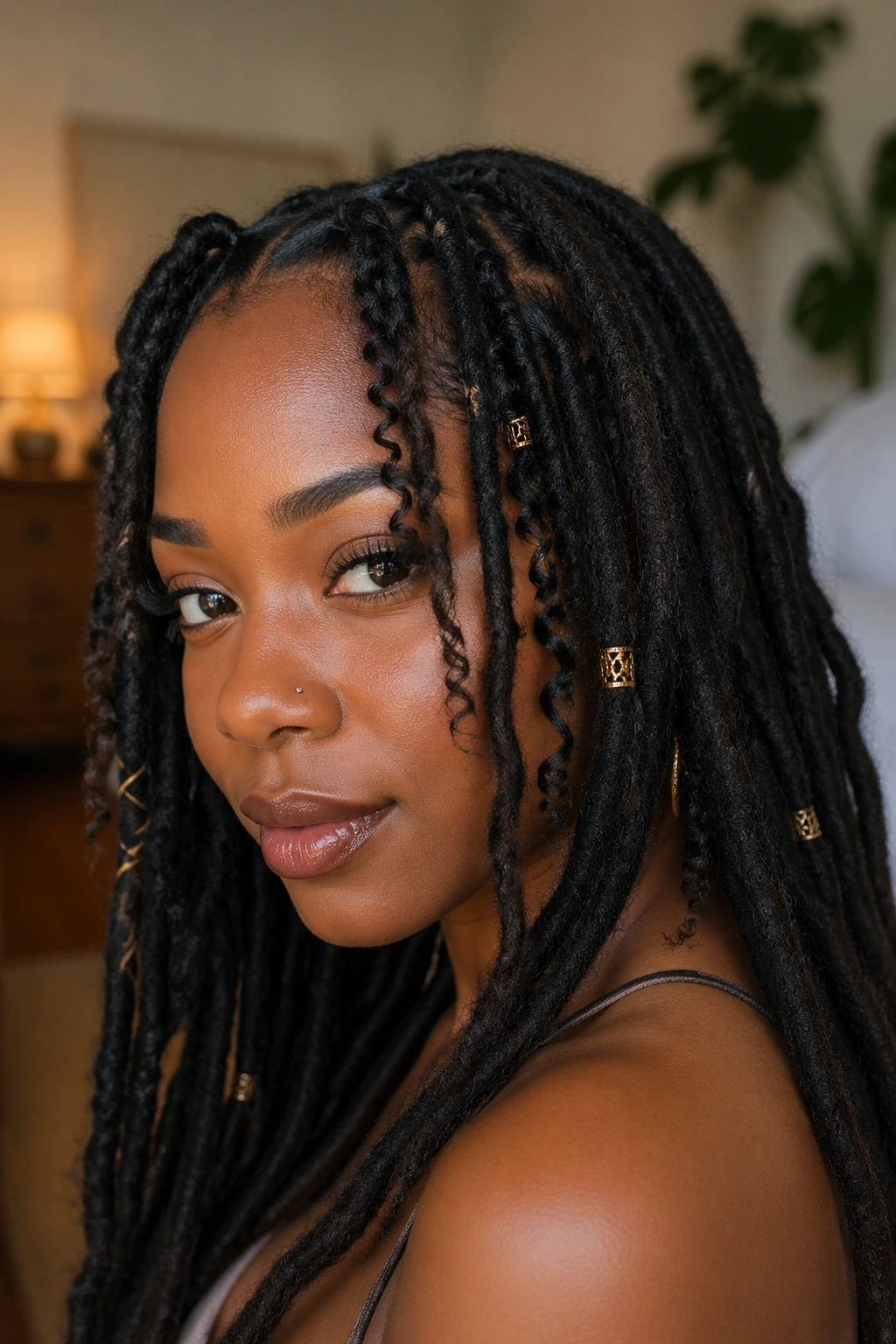 Close-up of a real woman with thick locs and subtle boho accents.