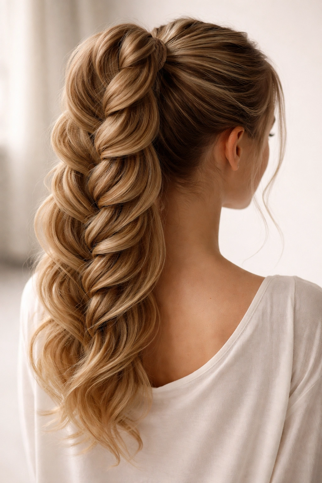 Thick Pancaked French Braid Ponytail: wide plush braid with high ponytail