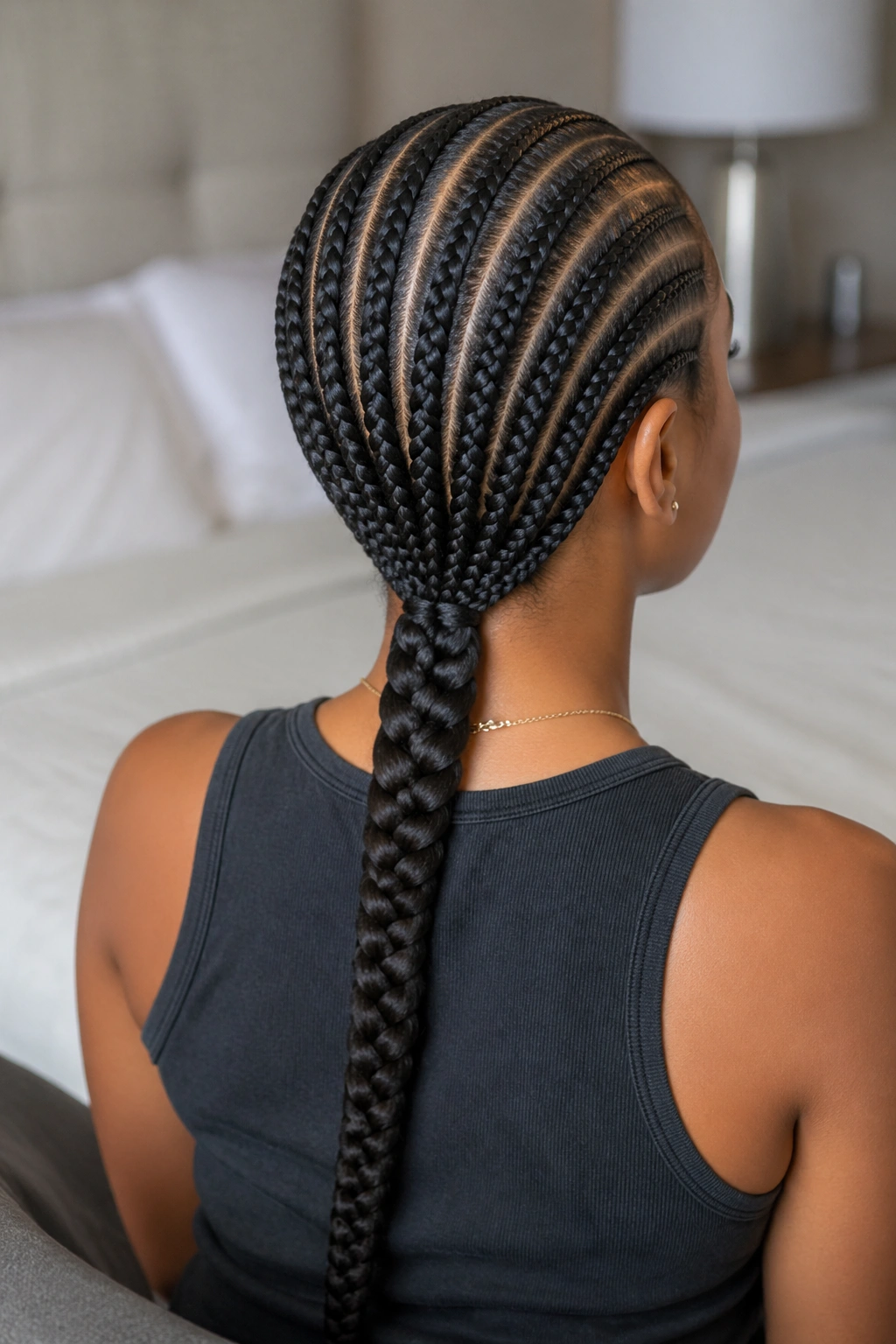 Back view of straight-back cornrows forming a single thick rope braid