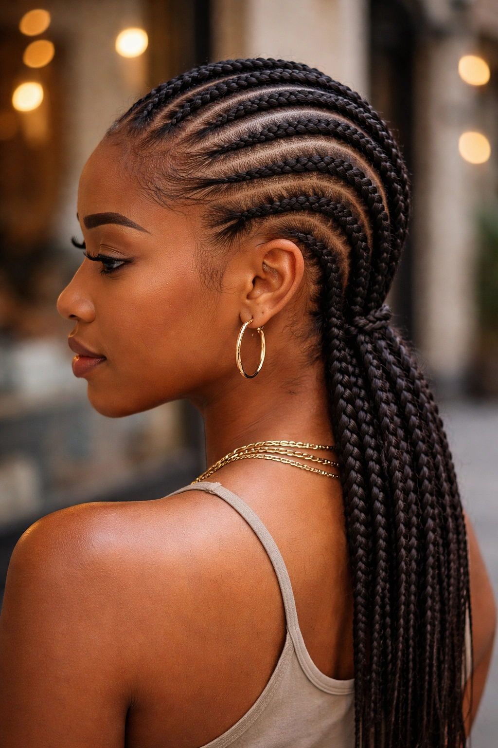 Close-up of a real woman with alternating thick and thin cornrows.