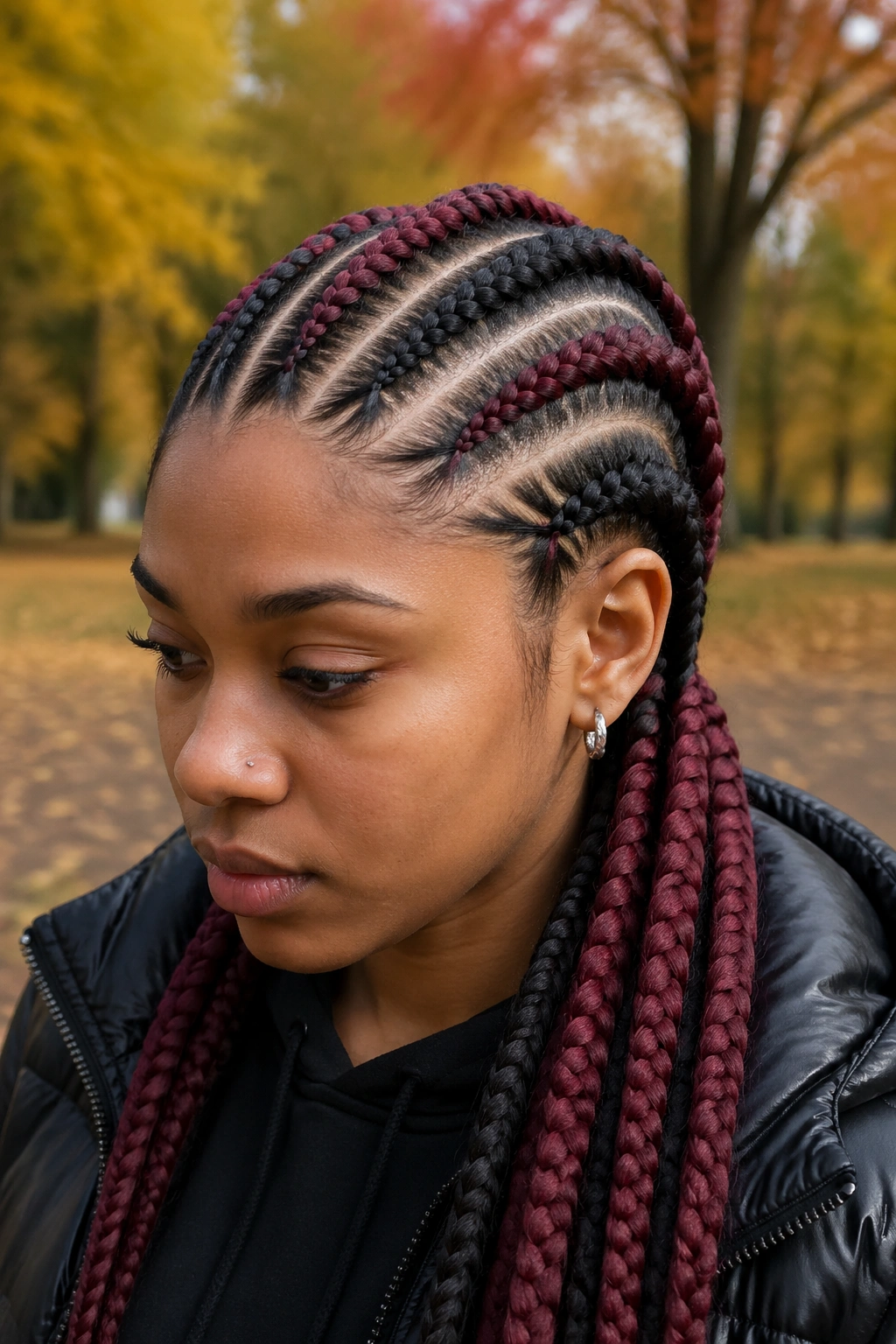 Head-and-shoulders shot of thick two-tone cornrows in black and burgundy