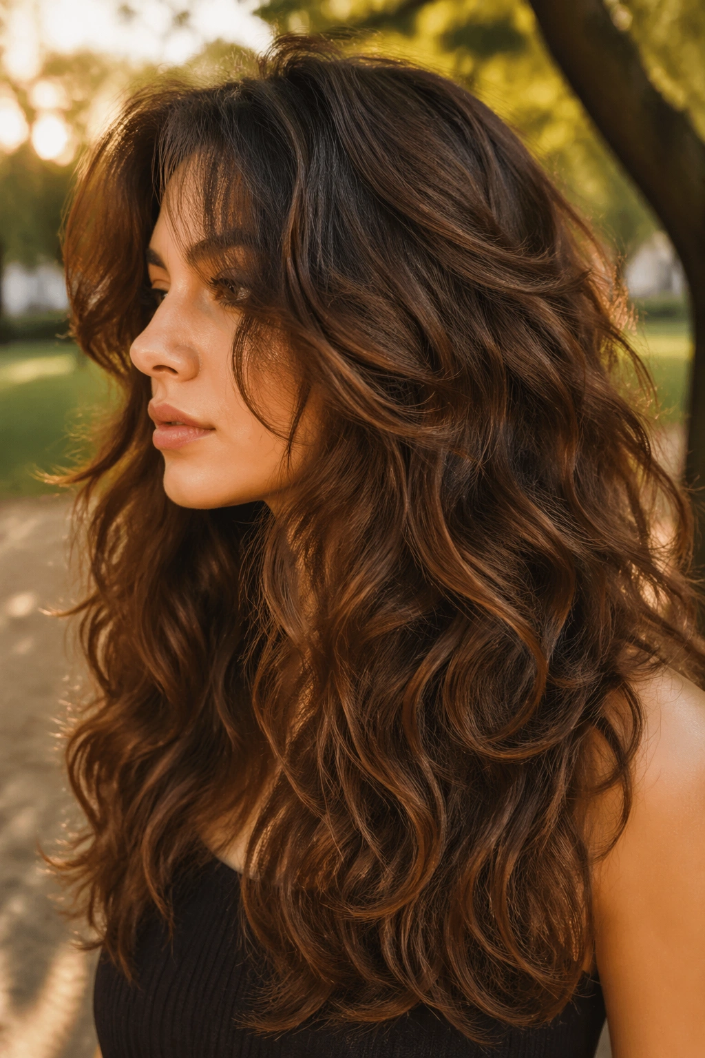 Portrait of a person with thick waves and heavy layers