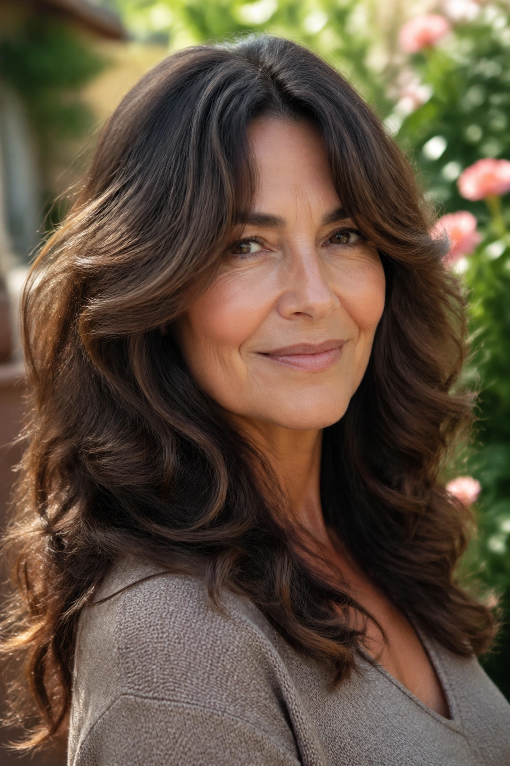 Close-up of a woman with thick wavy hair in rounded layers