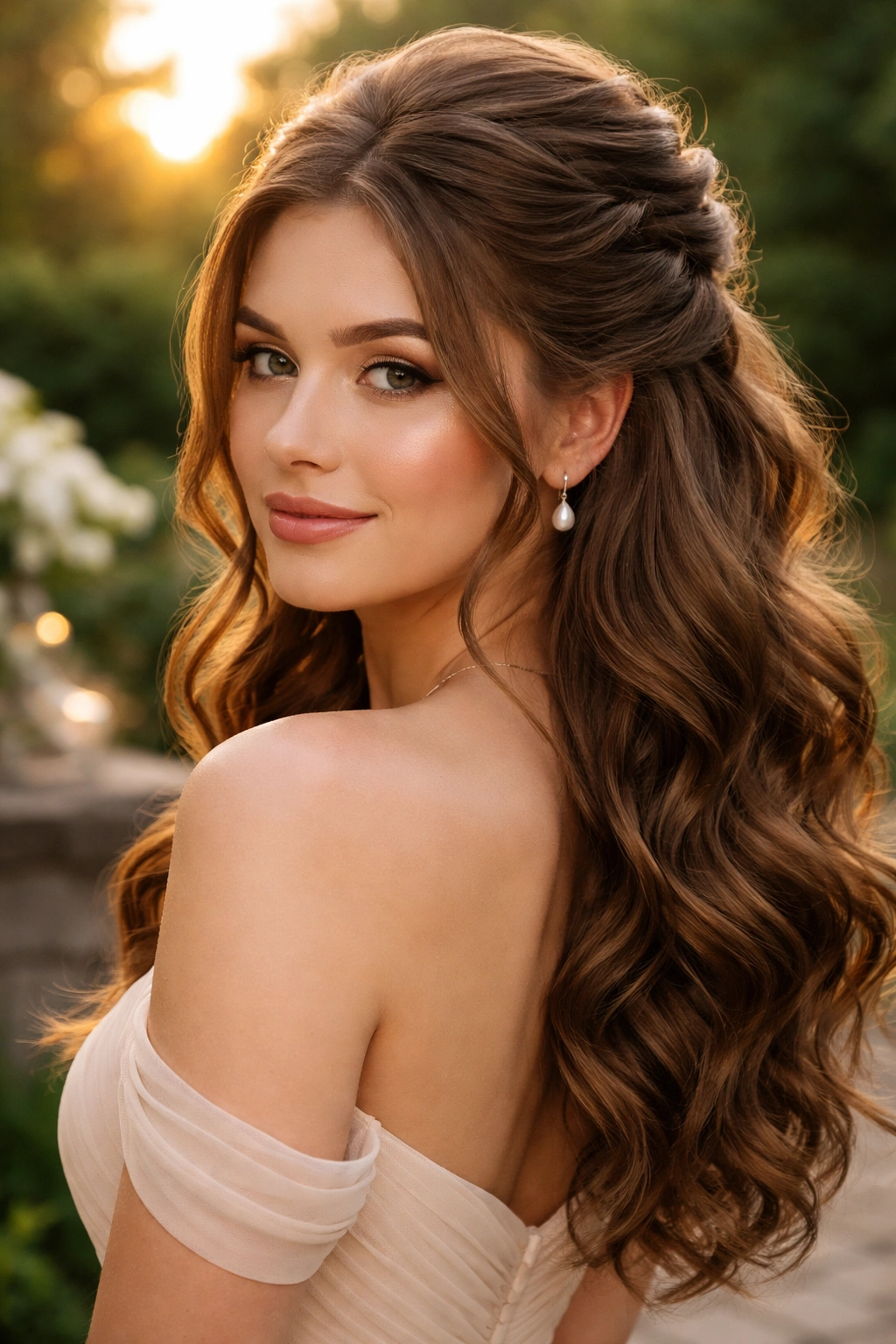 Portrait of a real woman with thick wavy hair in a two-stage half-up