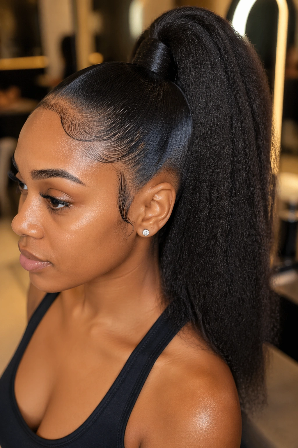Close-up of a real woman with a thick yaki weave ponytail in a salon setting