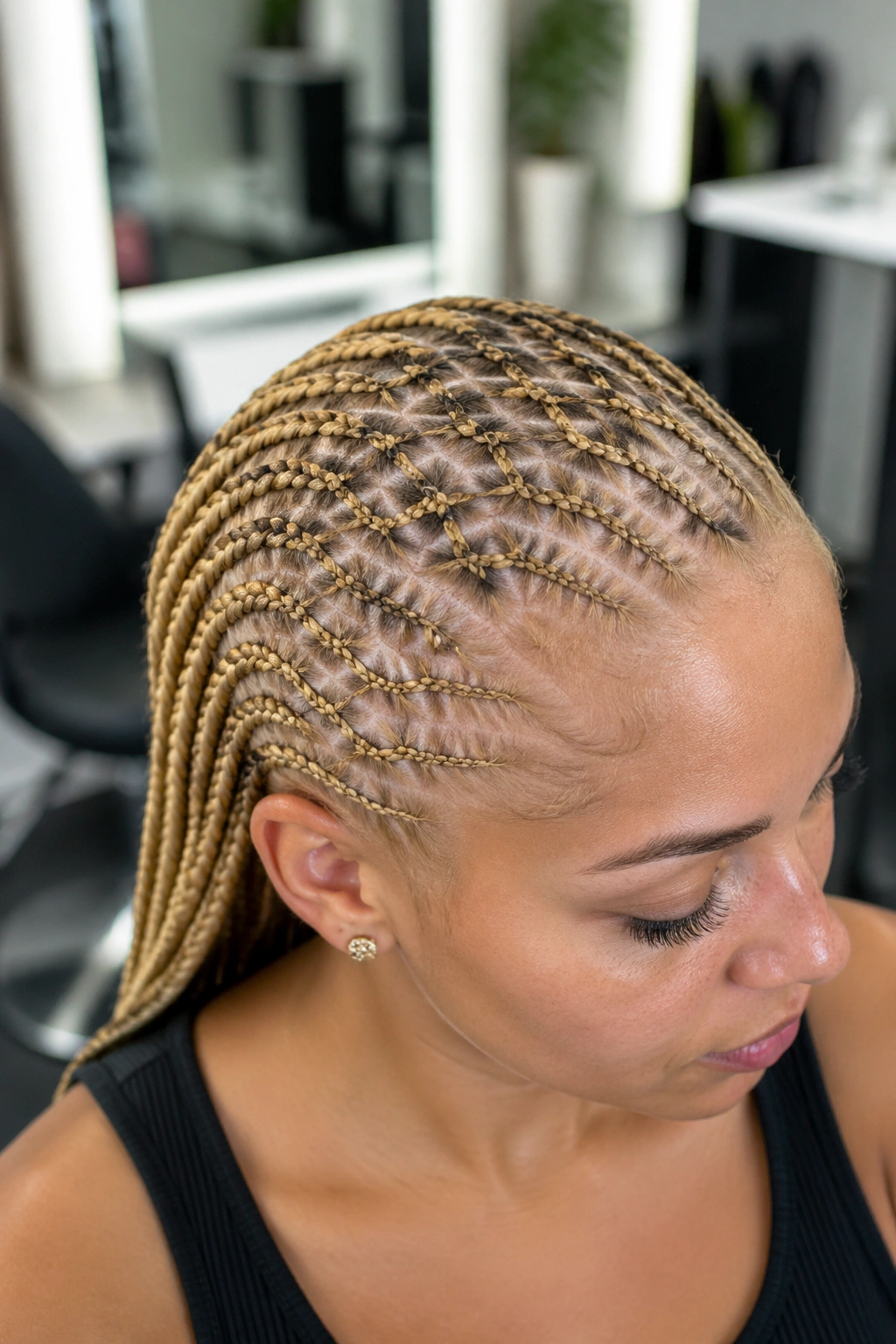 Real woman with thin blonde cornrows and intricate scalp pattern