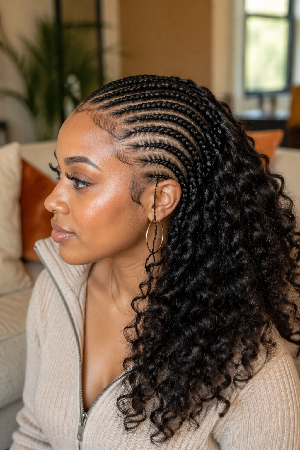 Real person with many thin cornrows and big curls in a warm living room setting.
