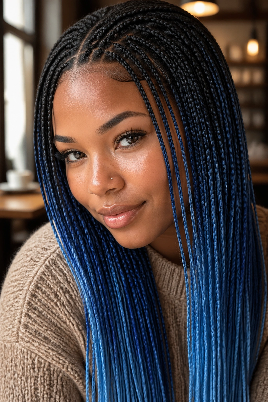 Close-up of thin feed-in ombré box braids on a real person.
