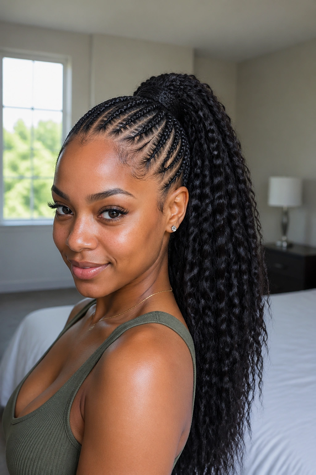 Close-up of thin front rows and thick ponytail on a real woman