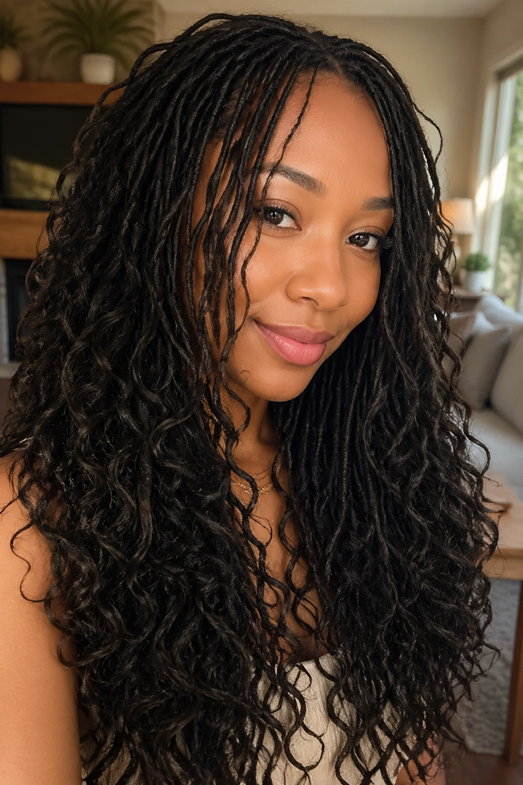 Close-up of a real woman with thin locs and large voluminous curls.