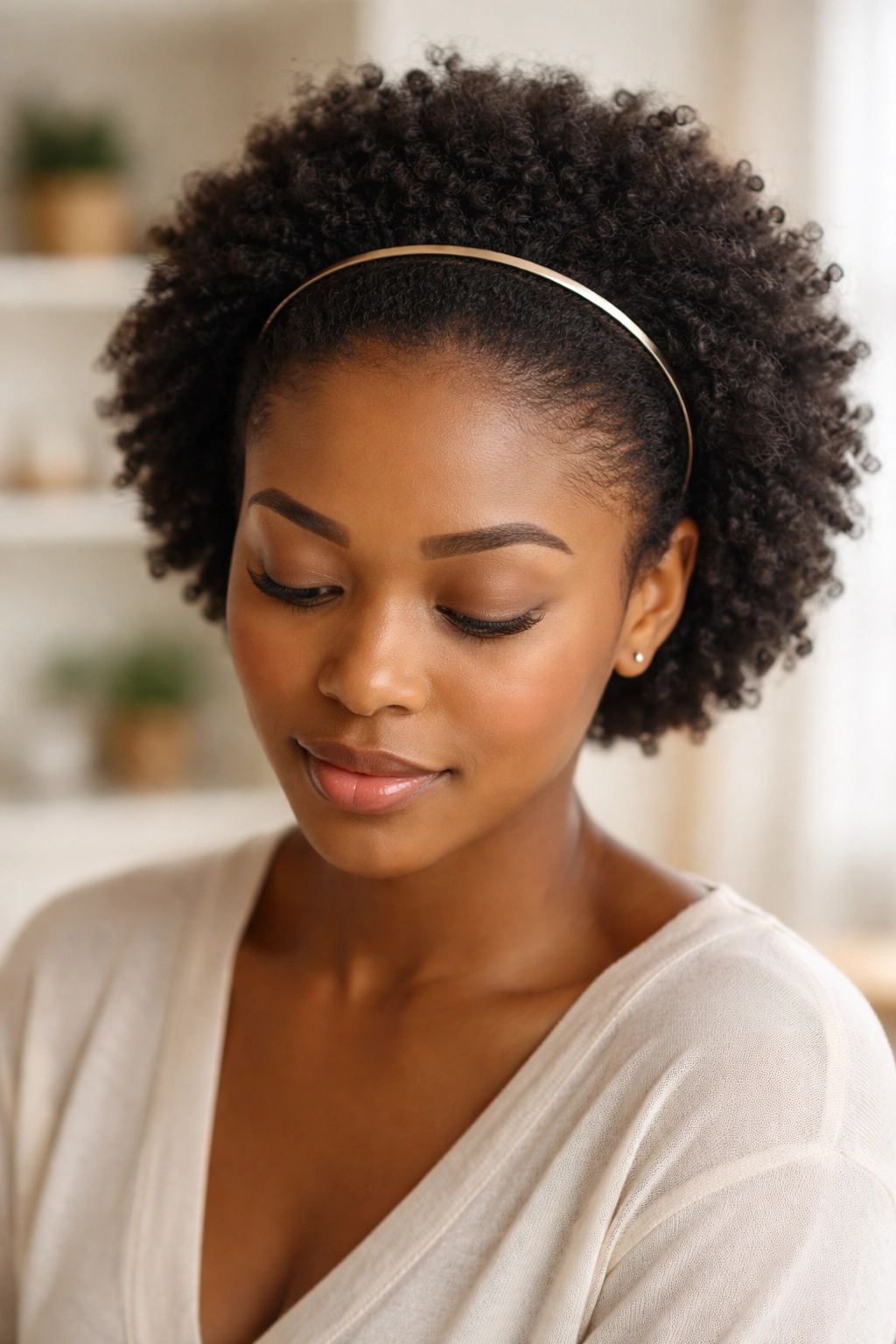 Close-up of real person wearing a minimal thin metal band across the crown.