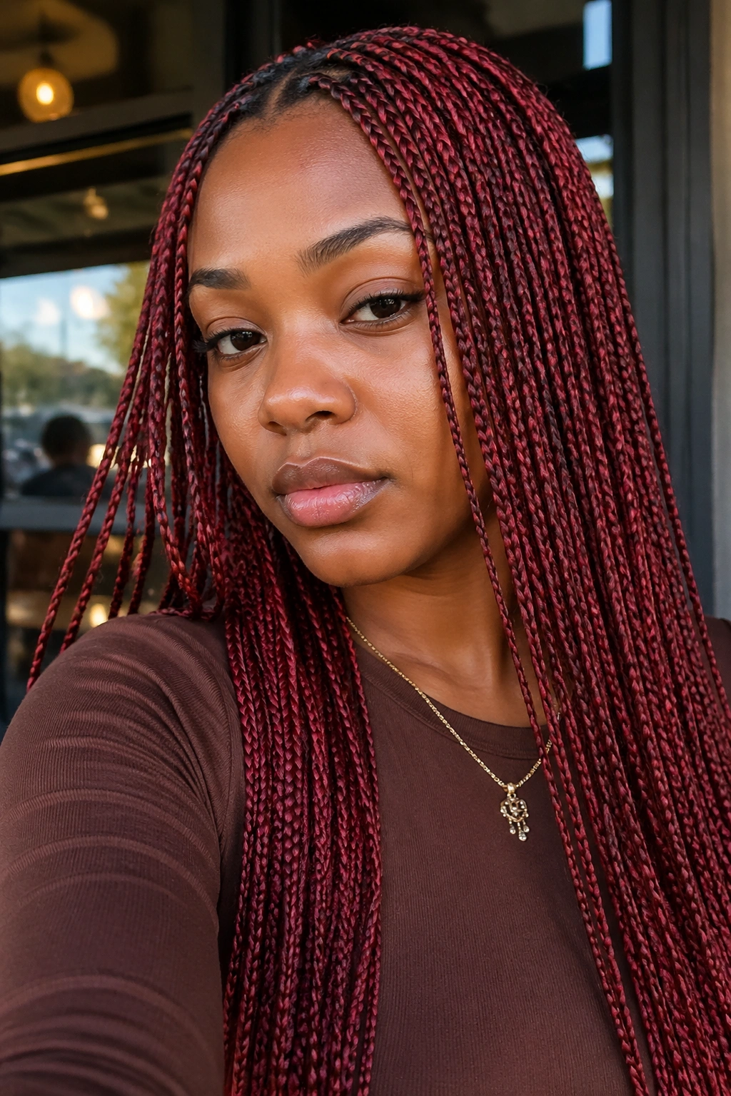 Close-up of a real woman with thin red knotless box braids in a cafe setting