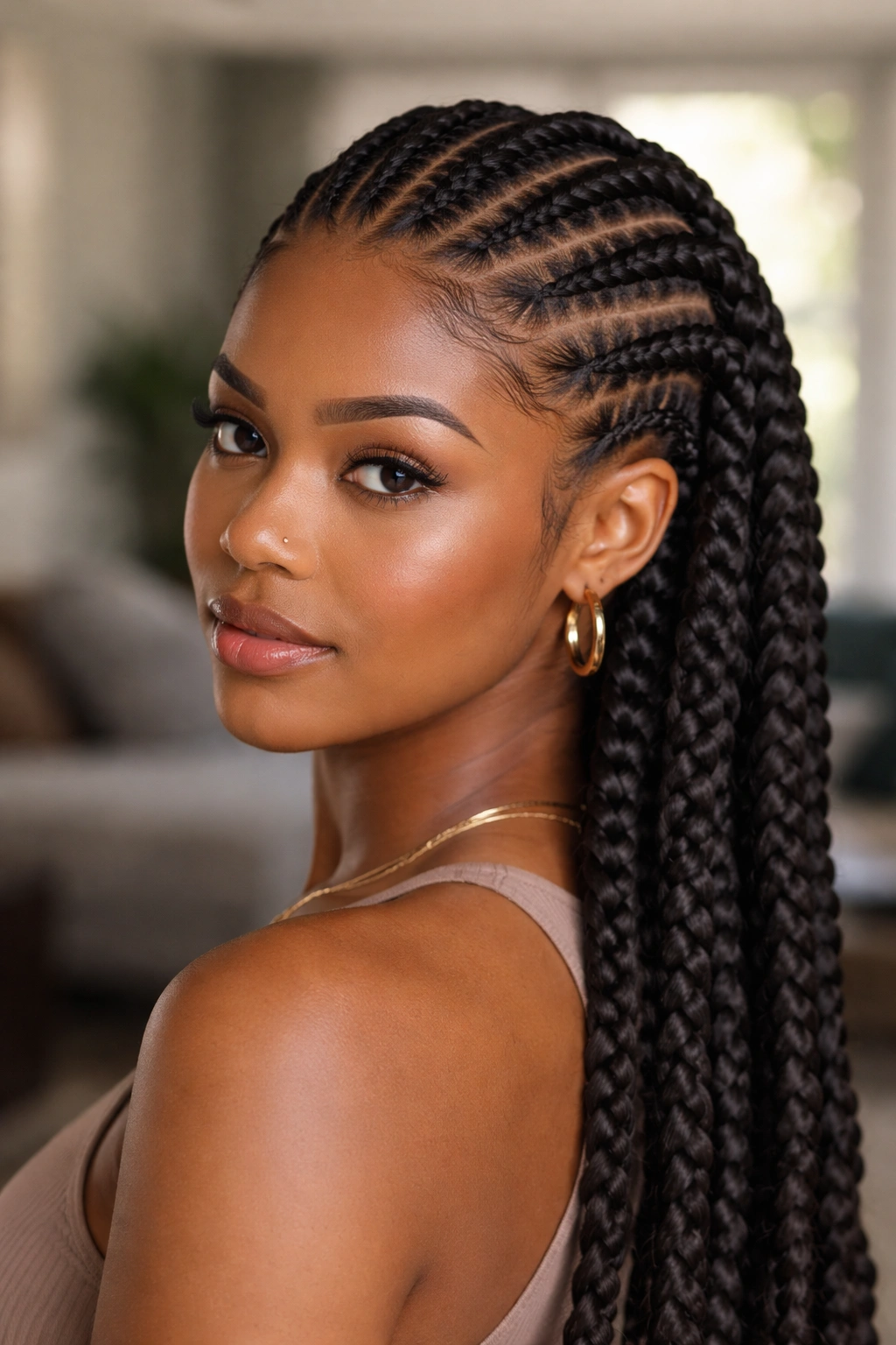 Real person with six thin braids on top and sides and four thick braids in the back.
