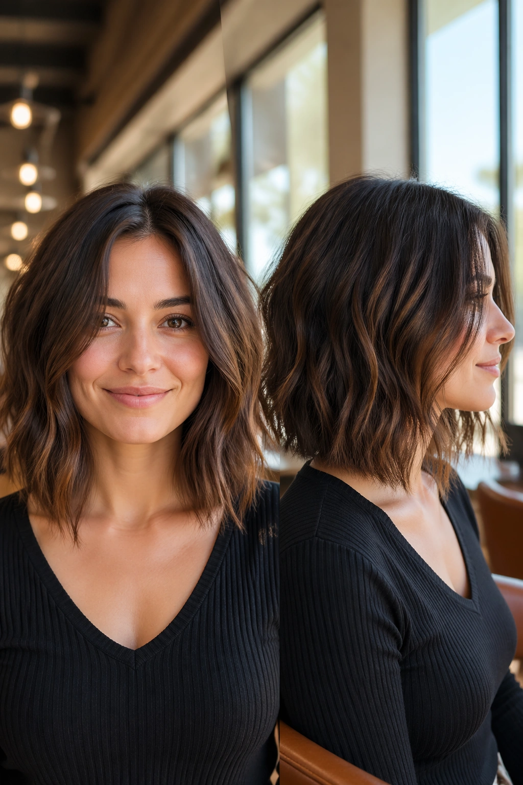 Close-up portrait of a real woman with a thinned-out lob for thick hair in a sunlit salon