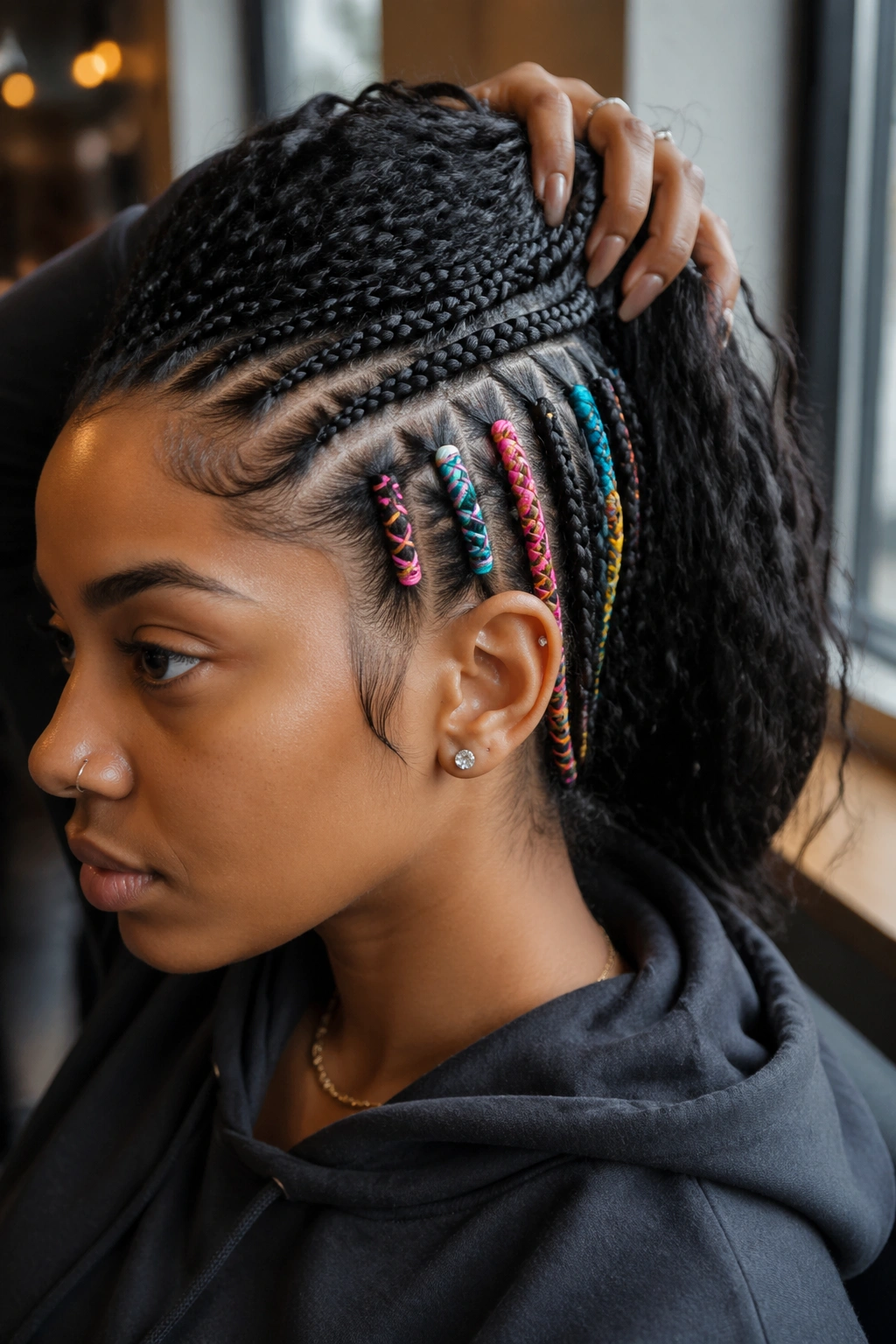 Close-up of a real woman showing thread-wrapped underlayer braids peeking through top layer.