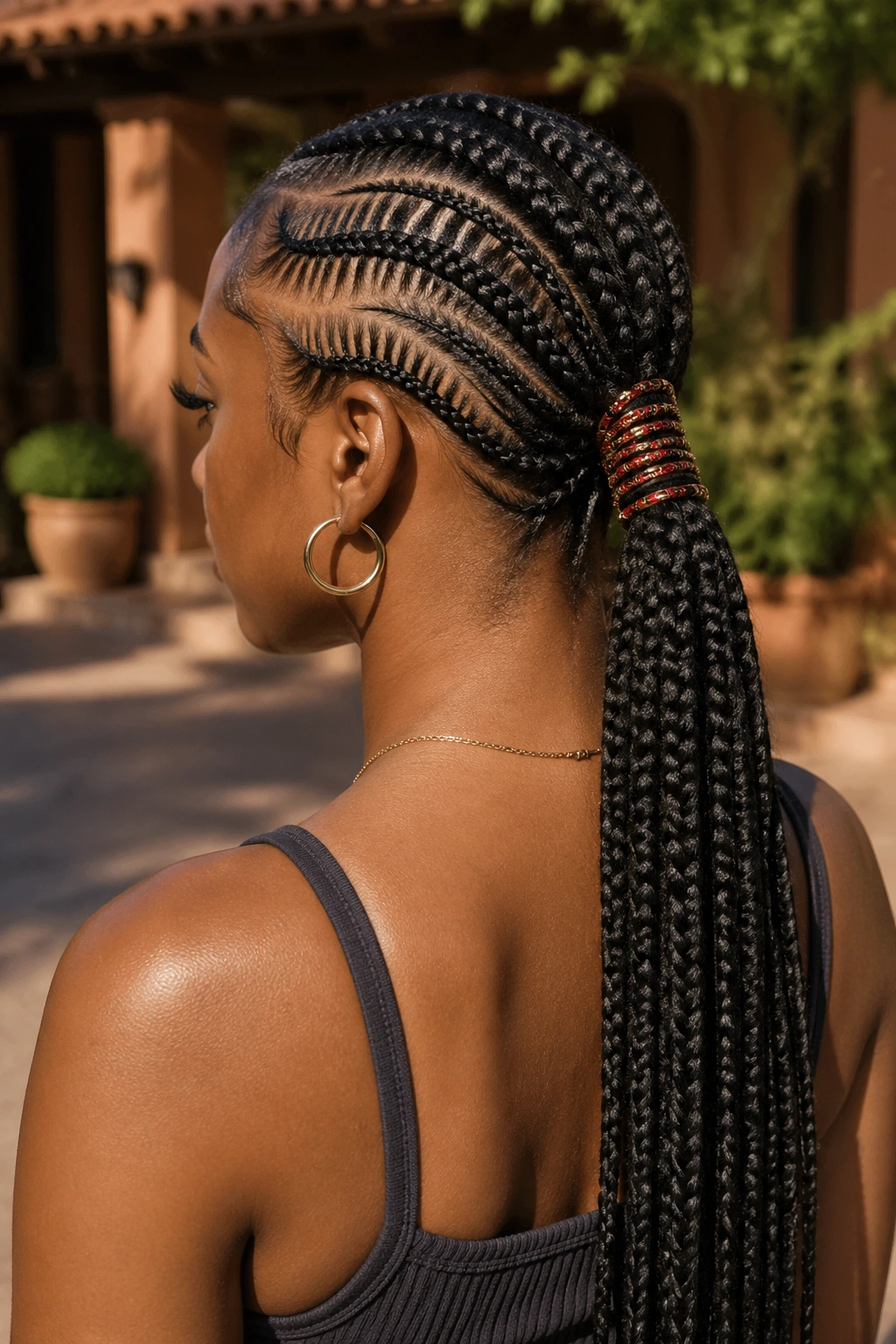 Real woman with thread-wrapped feed-in pony seen from back/side