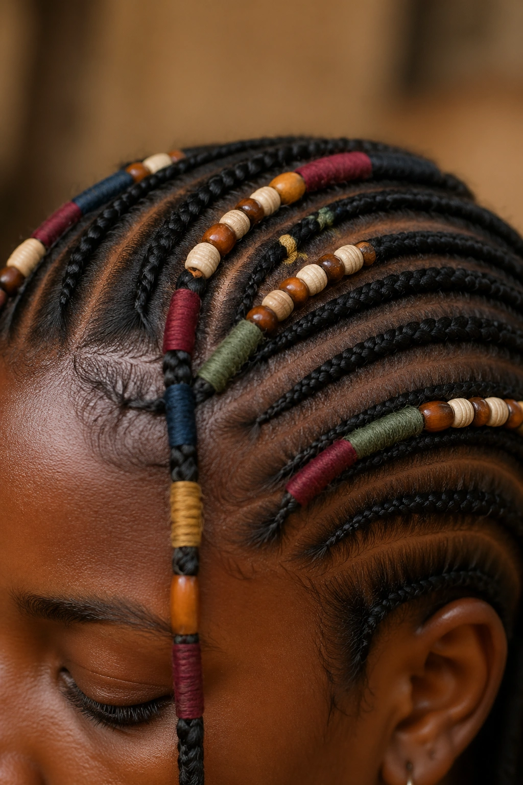 Braids with thread-wrapped sections and beads on a real person