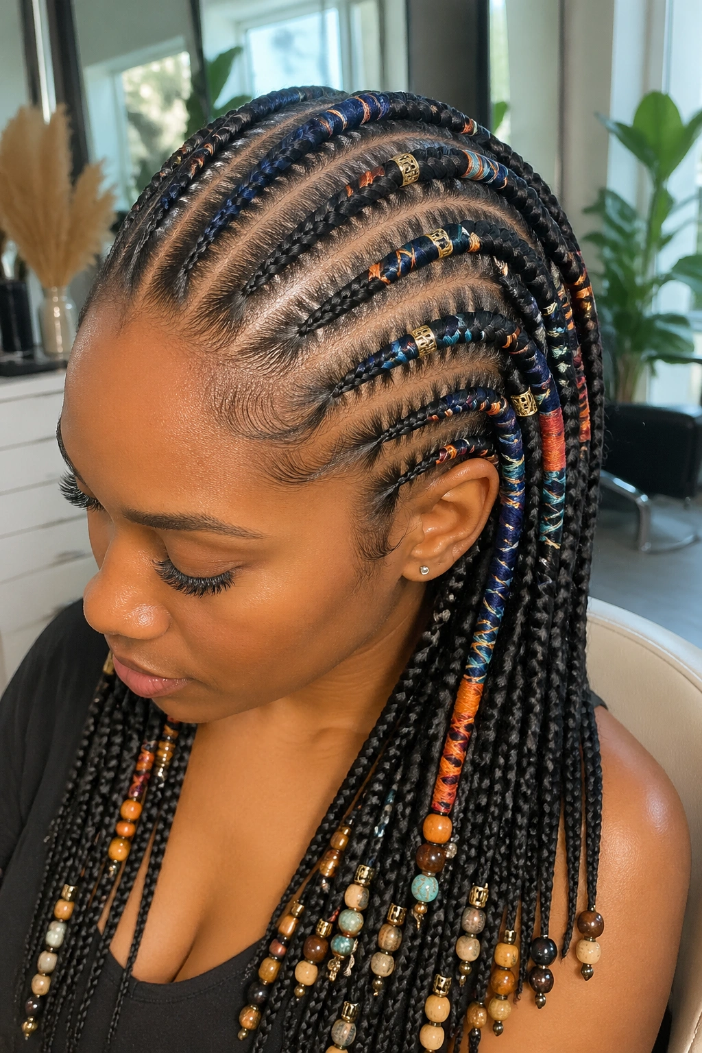 Close-up of a real person with wrapped-thread cornrows and beads in a salon