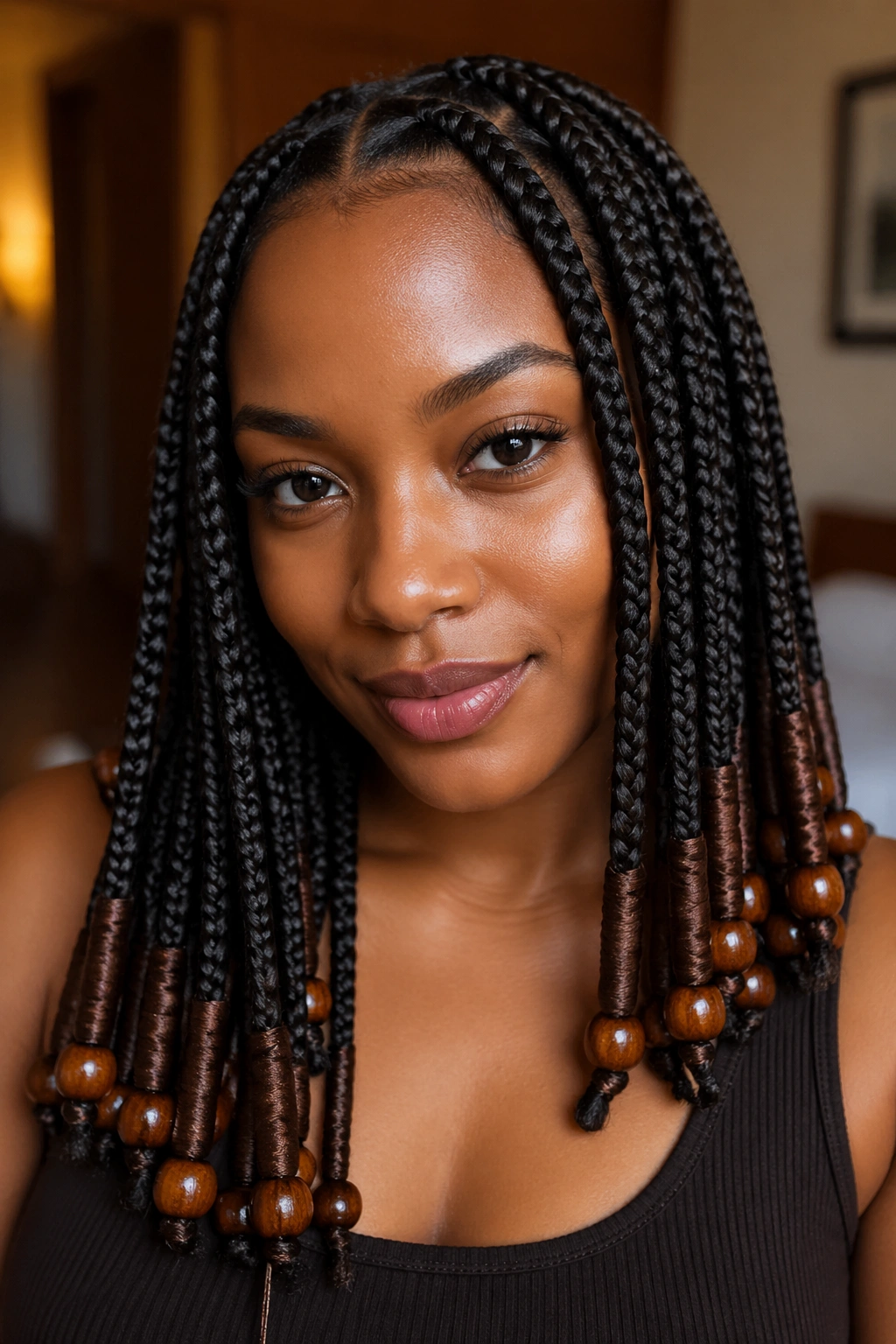 Close-up of a real person with thread-wrapped braids and beads at the ends.
