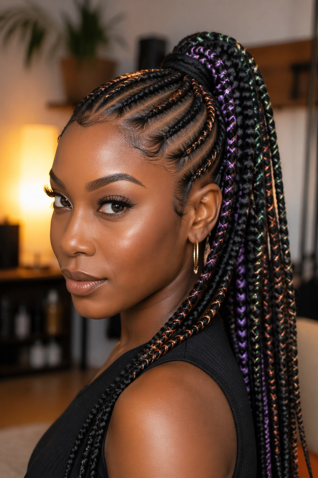 Close-up of a real Black woman with thread-wrapped cornrows forming a high ponytail.