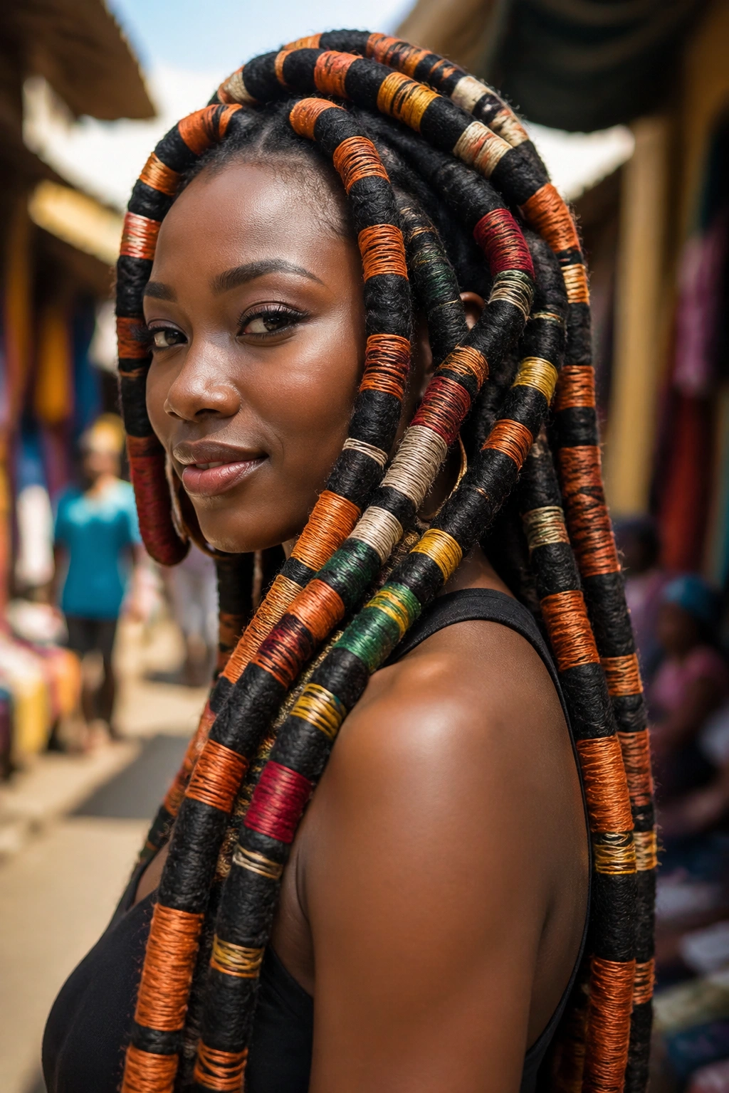 Close-up of long pondo with colorful thread-wrapped sections spiraled along the length.