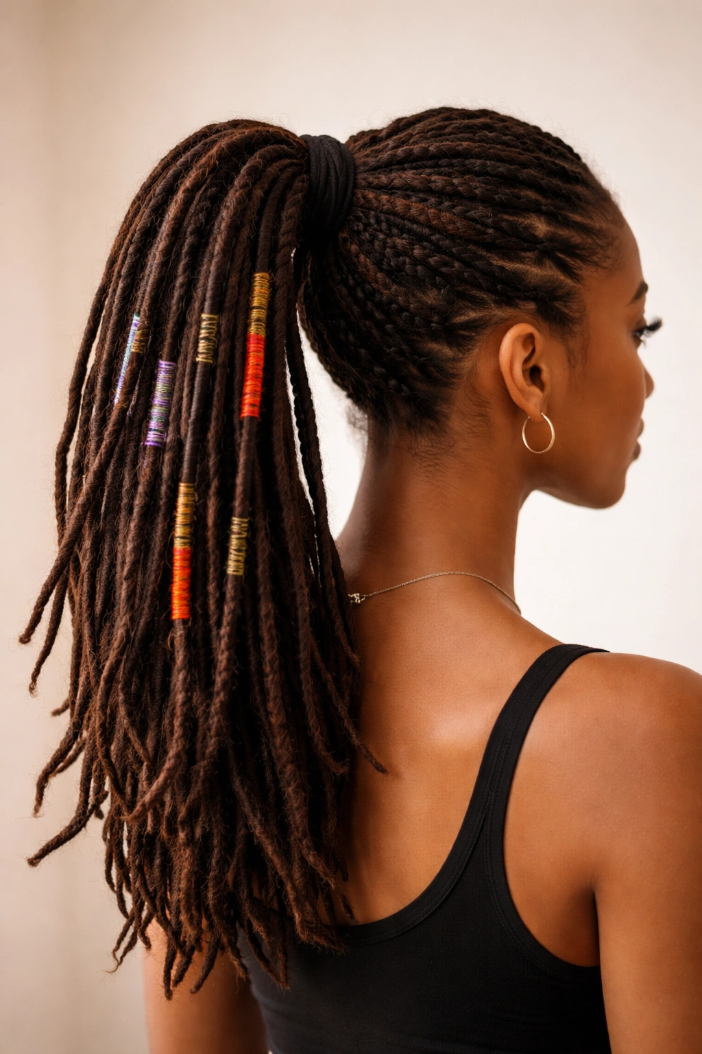 Locs wrapped in colorful thread peeking through a high ponytail